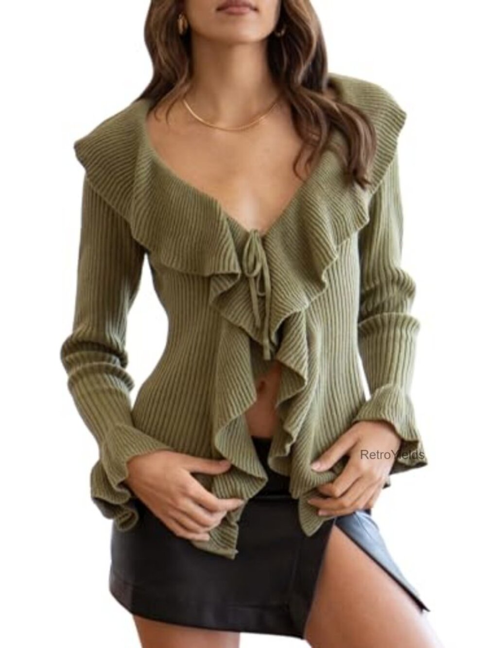 Women's V-Neck Ruffle Long Sleeve Wrap Sweater Pullover